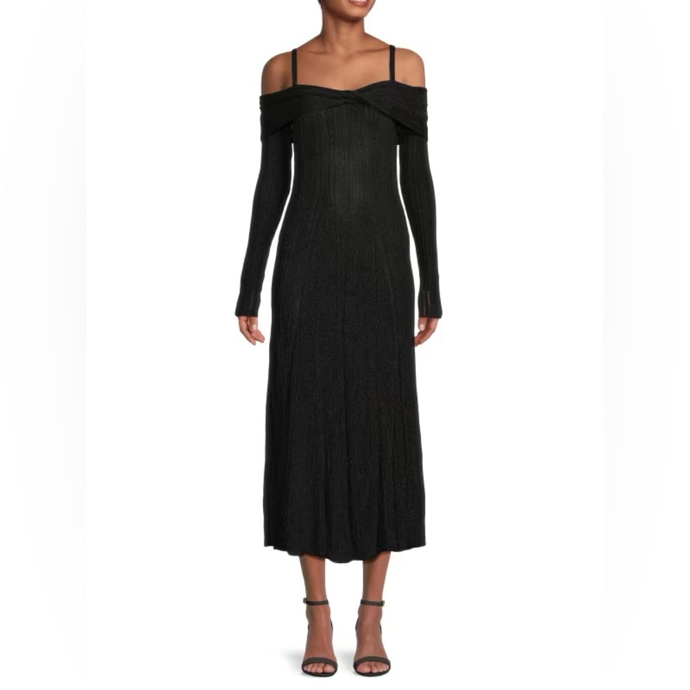 Jason Wu Collection Wrap Front Black Metallic Off-The-Shoulder Midi Dress